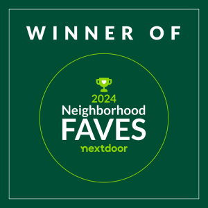 A graphic with the text "Winner of 2024 Neighborhood Faves Nextdoor" in white and green on a dark green background with a trophy icon. - Pure Salon Spa, KY