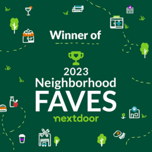 Green graphic with icons of food, drinks, and local amenities. Text reads: "Winner of 2023 Neighborhood Faves nextdoor" with a trophy icon. - Pure Salon Spa, KY