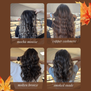 Four fall haircolor looks at Pure Salon Spa in Louisville, KY featuring mocha mousse brunette with soft blended highlights, copper cashmere with golden-copper waves, molten bronze with warm dimensional brunette tones, and smoked suede brunette with cool smoky ribbons. - Pure Salon Spa, KY