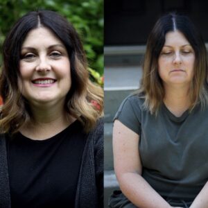 A woman with shoulder-length dark hair in two side-by-side photos: smiling outdoors on the left, sitting with eyes closed and neutral expression indoors on the right. - Pure Salon Spa, KY