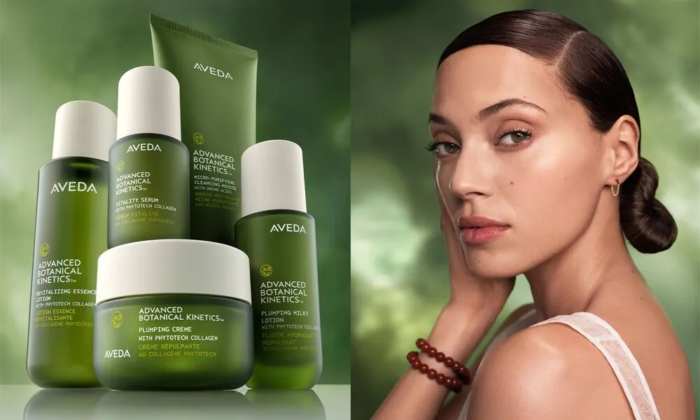 Aveda Advanced Botanical Kinetics skincare products displayed on the left; a woman with smooth skin and a low bun poses on the right against a green background. - Pure Salon Spa, KY